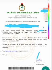 Sample of NYSC letter of Exclusion 